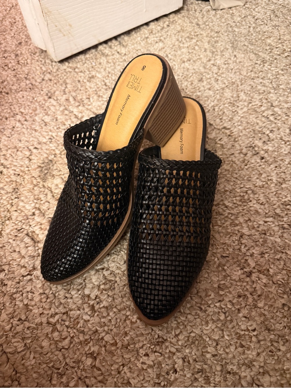Time and Tru Black Woven Slip-On Block Heel Mules